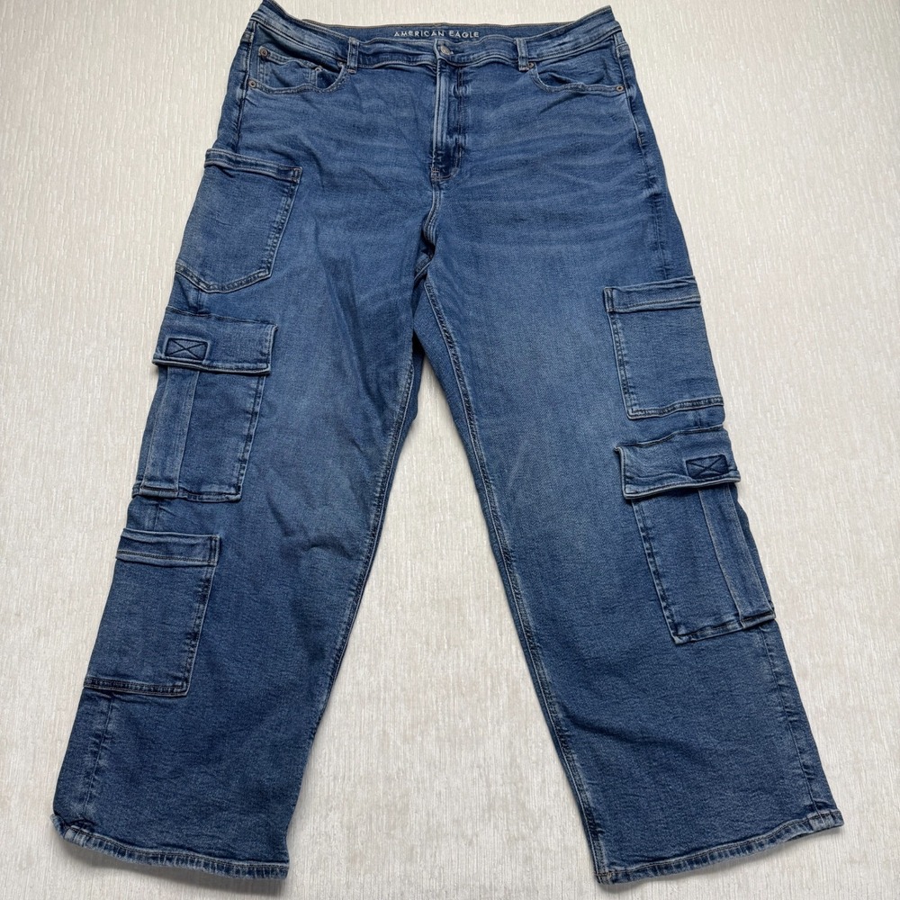 American Eagle Super High Rise Baggy Straight Cargo Jeans Womens 20 Short Blue